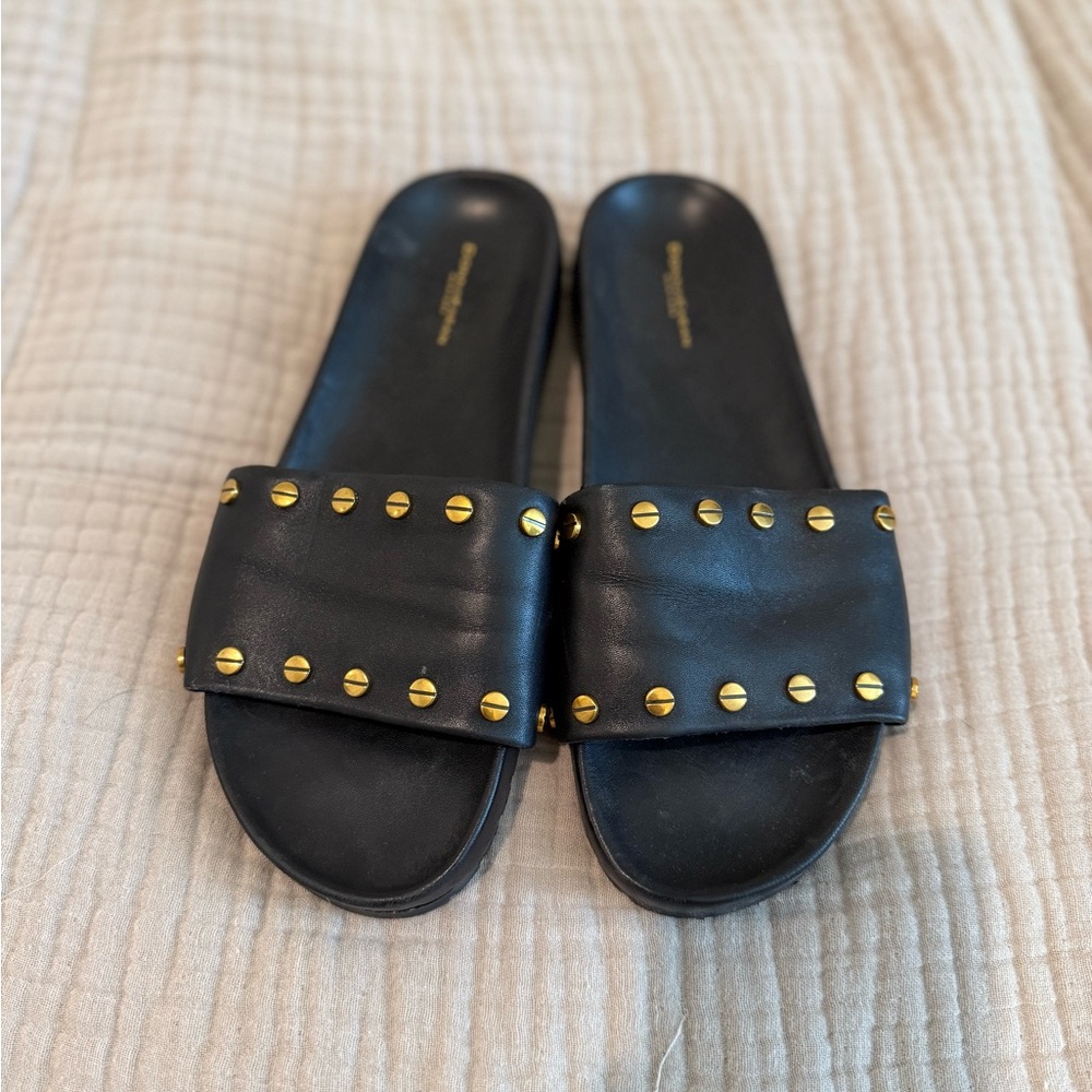 Donna Karan Leather Slide Sandals with Gold Studs - Size 7.5